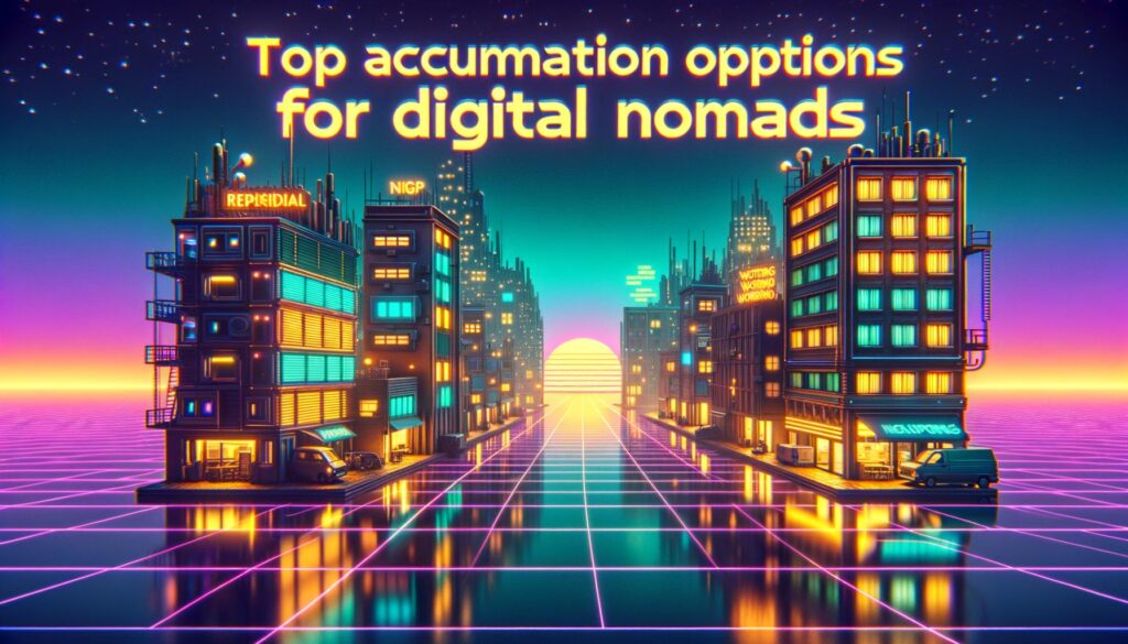 A vibrant retro cityscape illustrating accommodation options for digital nomads.
