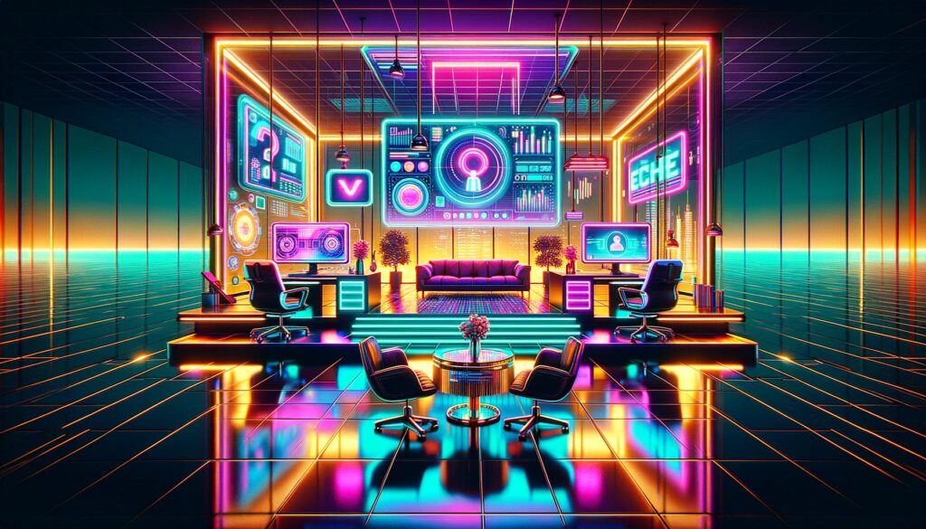 A vibrant, retro digital illustration depicting a virtual office scene with neon accents.