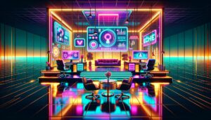 A vibrant, retro digital illustration depicting a virtual office scene with neon accents.
