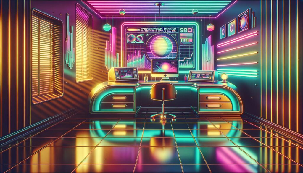 A vibrant retro digital illustration of a home office with bold text overlay.