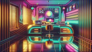 A vibrant retro digital illustration of a home office with bold text overlay.