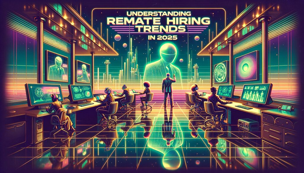 A vibrant illustration showcasing the future of remote hiring, featuring futuristic workspaces and individuals engaged in virtual collaboration.
