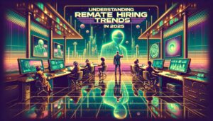 A vibrant illustration showcasing the future of remote hiring, featuring futuristic workspaces and individuals engaged in virtual collaboration.