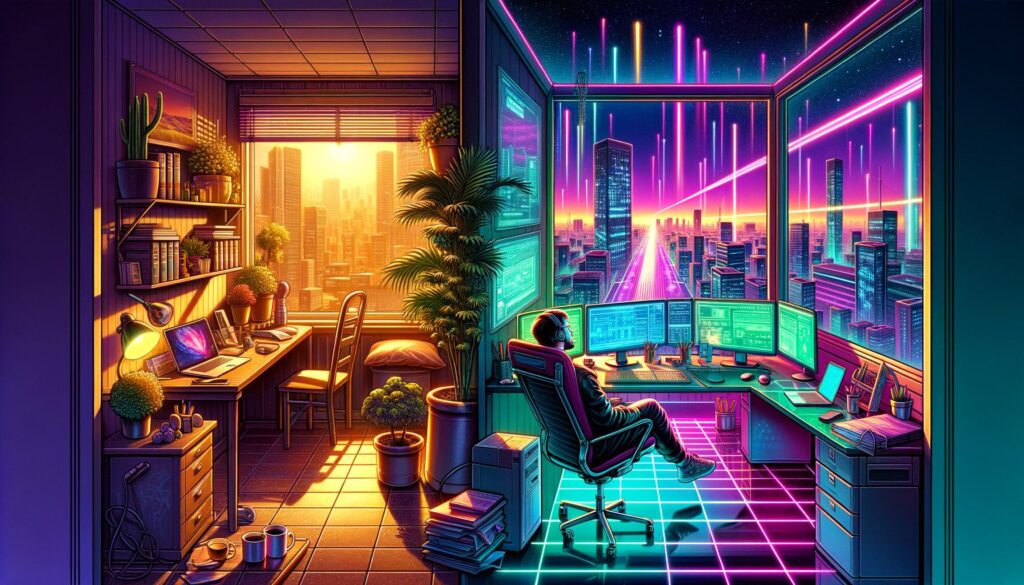 A vibrant illustration showcasing contrasting work environments representing remote jobs and telework with bold overlay text.