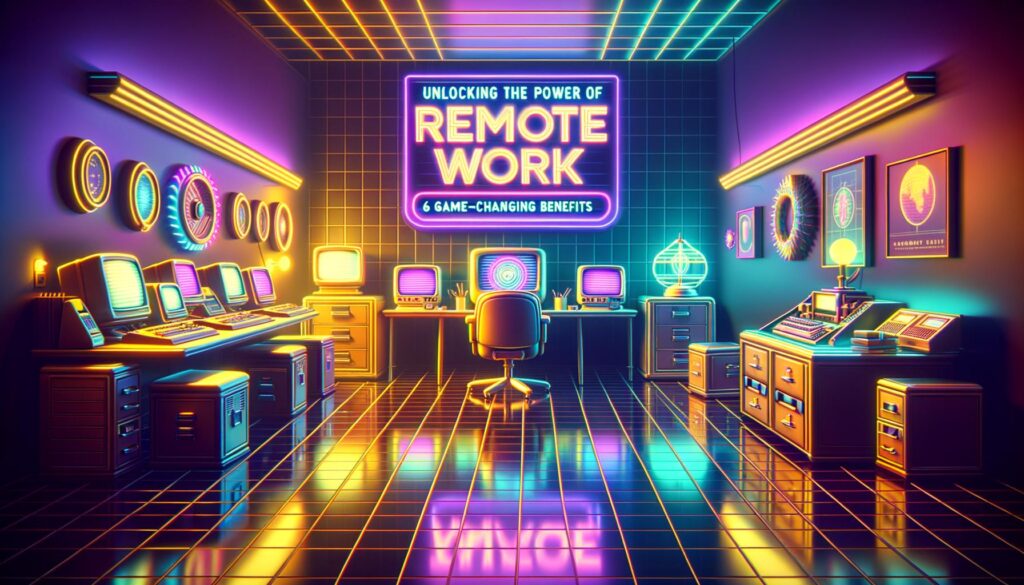 A vibrant illustration of a futuristic workspace highlighting the benefits of remote work.