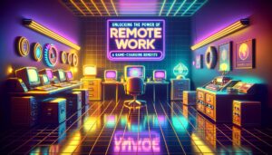 A vibrant illustration of a futuristic workspace highlighting the benefits of remote work.