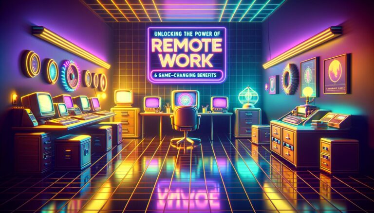 A vibrant illustration of a futuristic workspace highlighting the benefits of remote work.