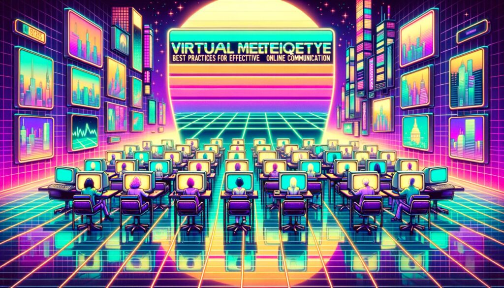 A retro digital illustration of a vibrant virtual meeting scene with neon colors and bold text overlay.
