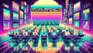 A retro digital illustration of a vibrant virtual meeting scene with neon colors and bold text overlay.