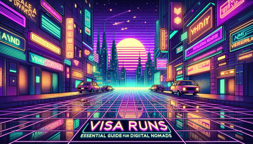 Illustration depicting a retro cyberpunk cityscape with overlay text about visa runs for digital nomads.