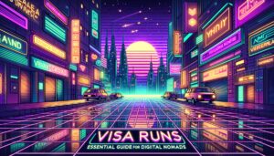 Illustration depicting a retro cyberpunk cityscape with overlay text about visa runs for digital nomads.