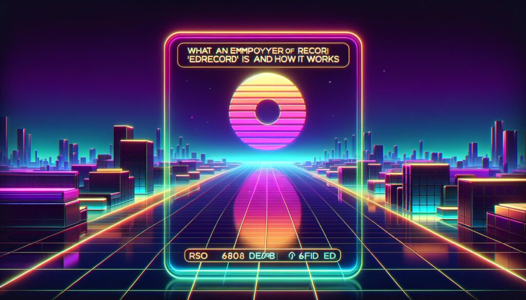 A retro digital illustration showcasing futuristic office themes related to Employer of Record services with bold text overlay.