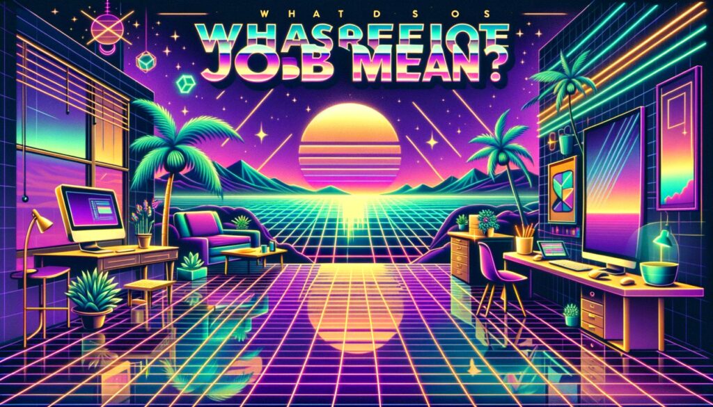 A retro digital illustration depicting remote work environments in vibrant 80s cyberpunk style.