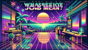 A retro digital illustration depicting remote work environments in vibrant 80s cyberpunk style.