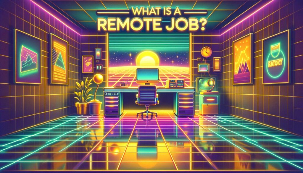 A retro digital illustration depicting a futuristic workspace, symbolizing remote work.