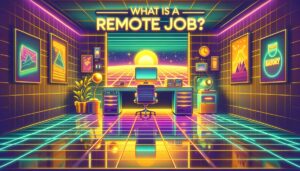 A retro digital illustration depicting a futuristic workspace, symbolizing remote work.