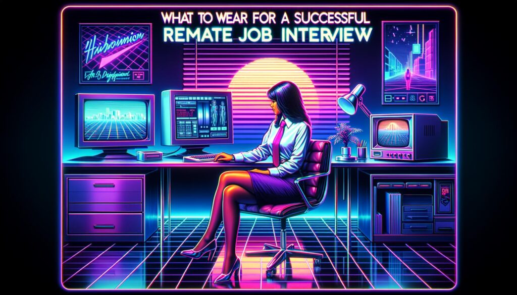 Digital illustration of a person attending a virtual job interview in a retro-futuristic workspace.