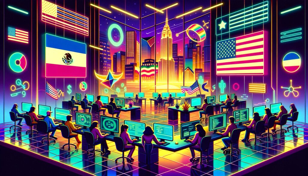 Digital illustration of a tech office showcasing remote collaboration between U.S. and Latin American workers.