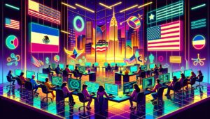 Digital illustration of a tech office showcasing remote collaboration between U.S. and Latin American workers.