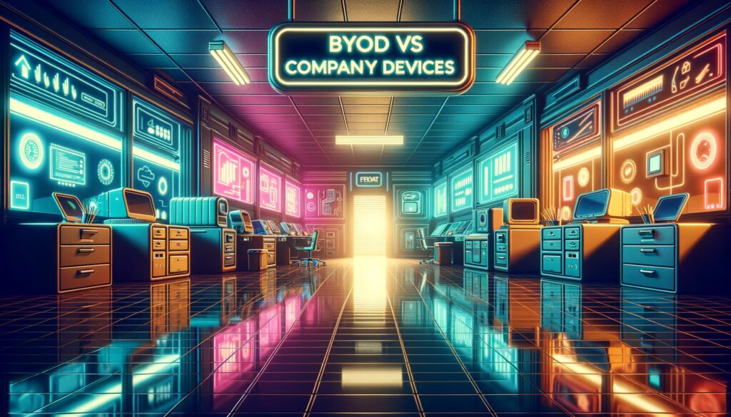 Retro digital illustration comparing BYOD and company devices in a vibrant cyberpunk office setting.