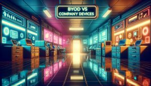 Retro digital illustration comparing BYOD and company devices in a vibrant cyberpunk office setting.