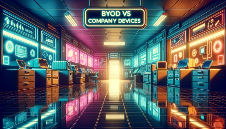 Retro digital illustration comparing BYOD and company devices in a vibrant cyberpunk office setting.