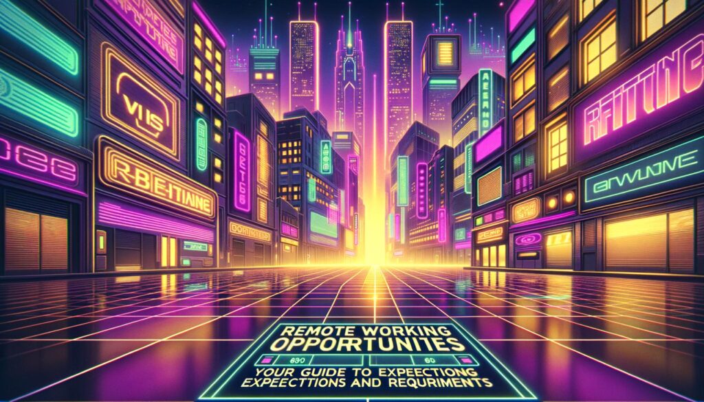 A retro-futuristic cityscape illustration featuring a prominent overlay text about Google remote jobs.