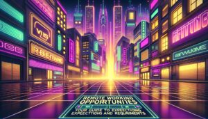 A retro-futuristic cityscape illustration featuring a prominent overlay text about Google remote jobs.