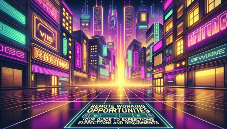 A retro-futuristic cityscape illustration featuring a prominent overlay text about Google remote jobs.