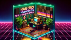A vibrant retro digital illustration of a soundproof home office workspace.