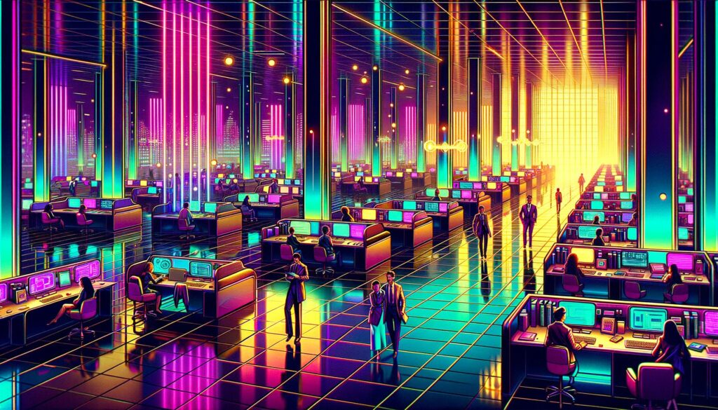 A retro-inspired digital illustration showing a diverse group of professionals collaborating in a neon-lit office environment.