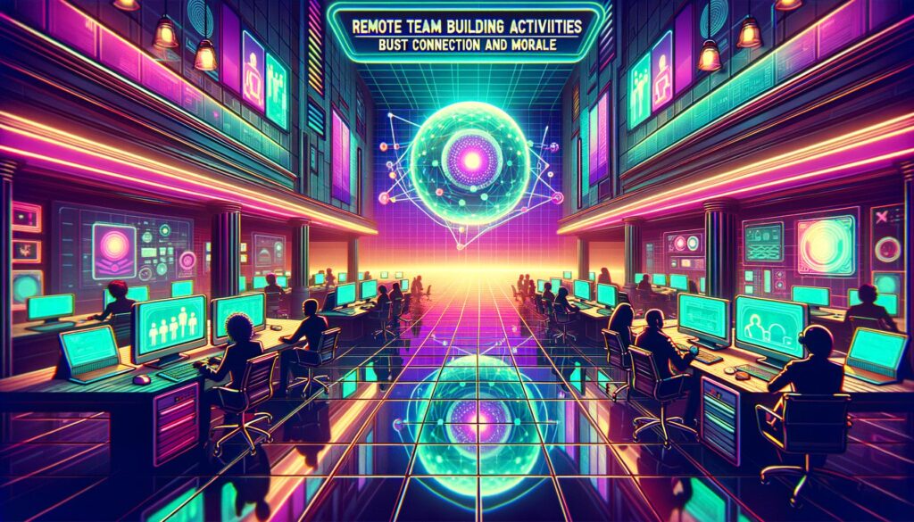A vibrant cyberpunk workspace illustrating remote team building activities with digital screens and neon lighting.