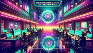 A vibrant cyberpunk workspace illustrating remote team building activities with digital screens and neon lighting.