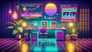 A retro digital illustration depicting a vibrant home office to represent remote work productivity.