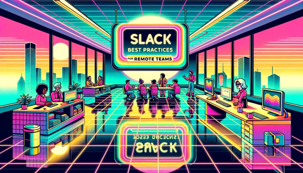 Illustration showcasing Slack best practices for remote teams in a vibrant retro digital environment.