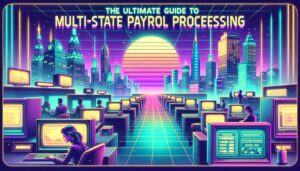 Retro digital illustration about multi-state payroll processing with neon elements.