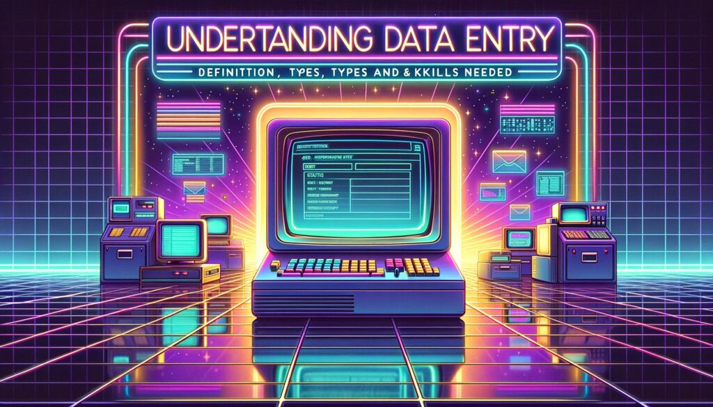 A vibrant retro digital illustration depicting a data entry workstation with glowing computer screens and bold overlay text.