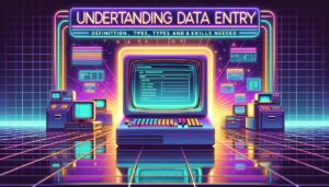 A vibrant retro digital illustration depicting a data entry workstation with glowing computer screens and bold overlay text.
