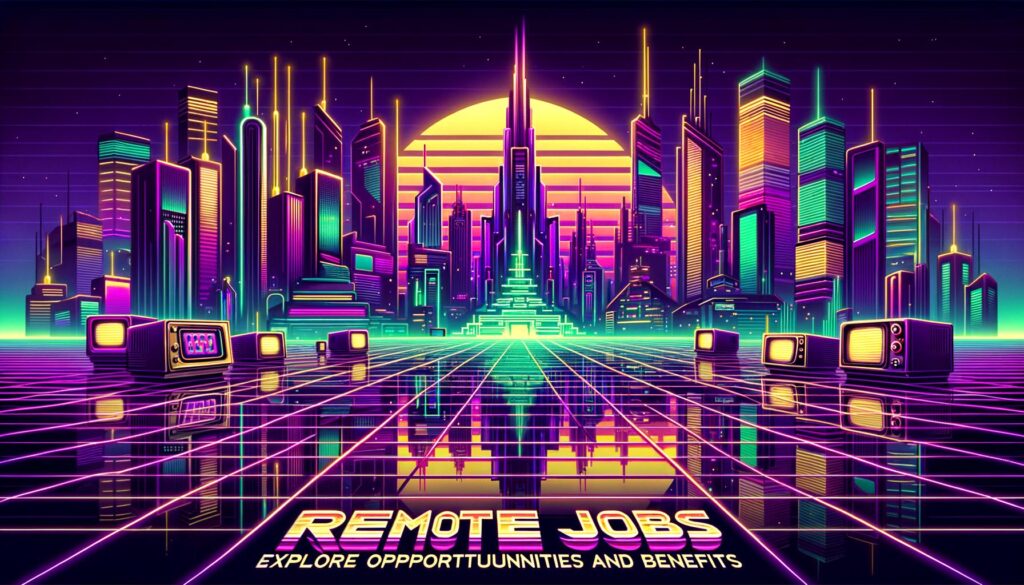 A vibrant retro-futuristic cityscape with bold text overlay about Yelp remote job opportunities.