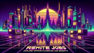 A vibrant retro-futuristic cityscape with bold text overlay about Yelp remote job opportunities.