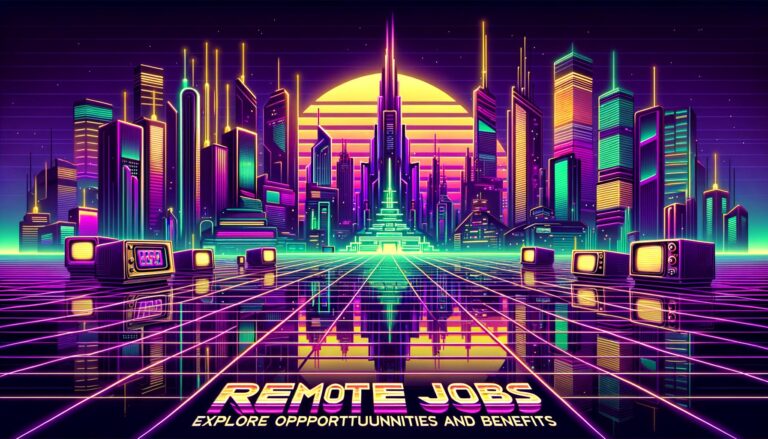 A vibrant retro-futuristic cityscape with bold text overlay about Yelp remote job opportunities.