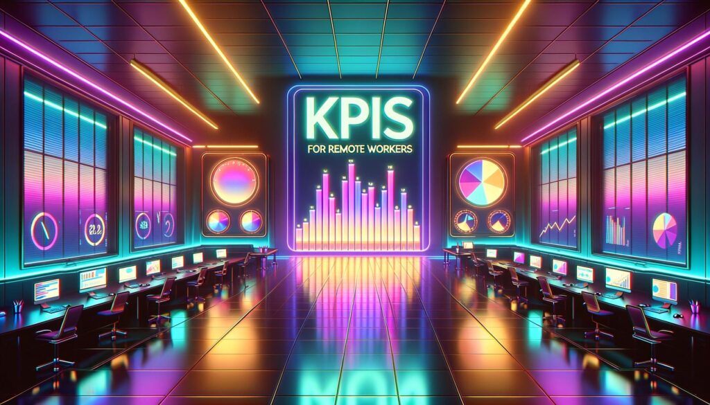 A retro-futuristic illustration of a virtual workspace for remote workers with neon lighting and key performance indicators on screens.