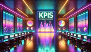 A retro-futuristic illustration of a virtual workspace for remote workers with neon lighting and key performance indicators on screens.