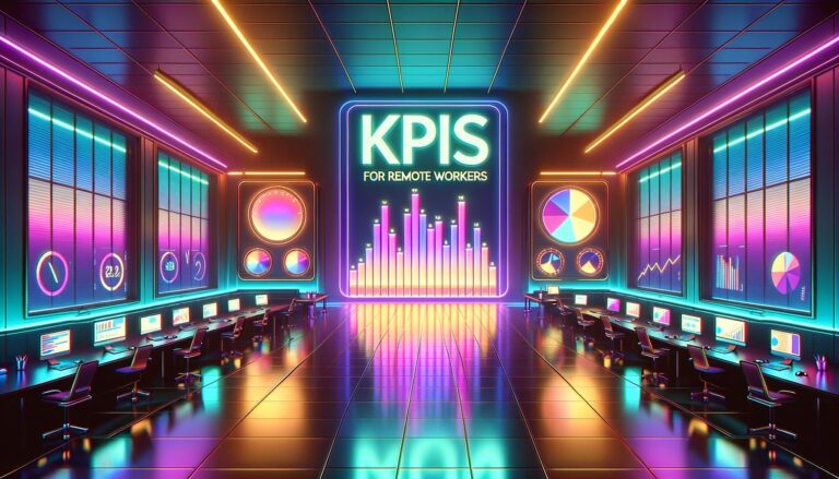 A retro-futuristic illustration of a virtual workspace for remote workers with neon lighting and key performance indicators on screens.