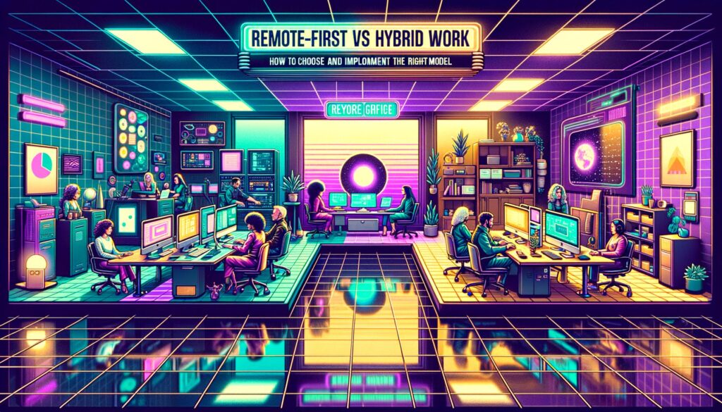 Abstract digital illustration comparing remote-first and hybrid work environments.