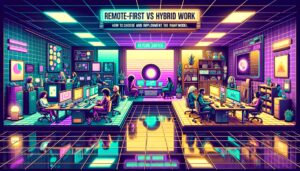 Abstract digital illustration comparing remote-first and hybrid work environments.