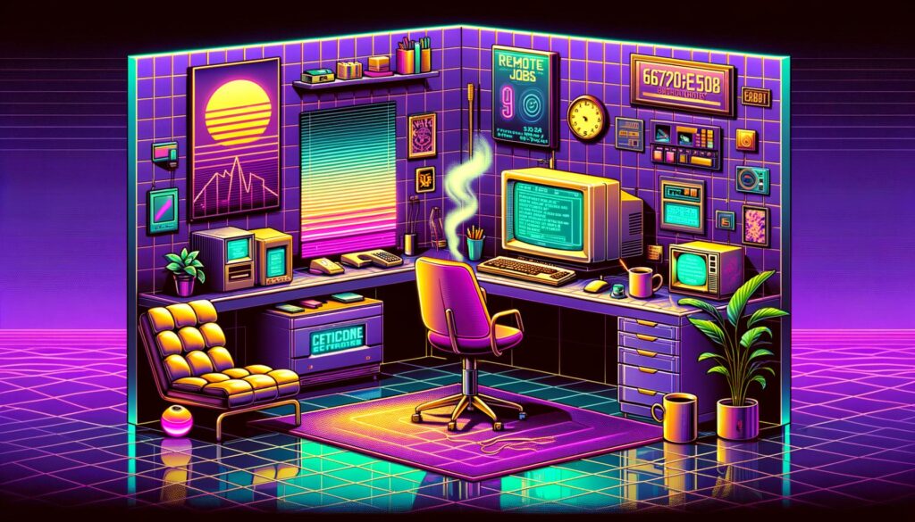 A retro digital illustration depicting a vibrant workspace for seniors considering remote jobs.