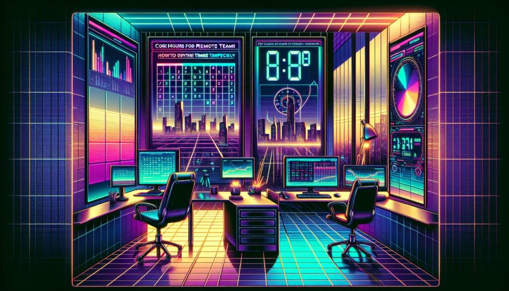 A retro-futuristic illustration of a virtual office scene with bold overlay text about core hours for remote teams.