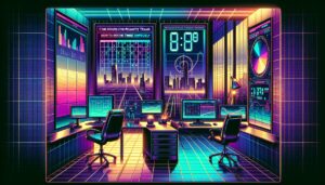 A retro-futuristic illustration of a virtual office scene with bold overlay text about core hours for remote teams.
