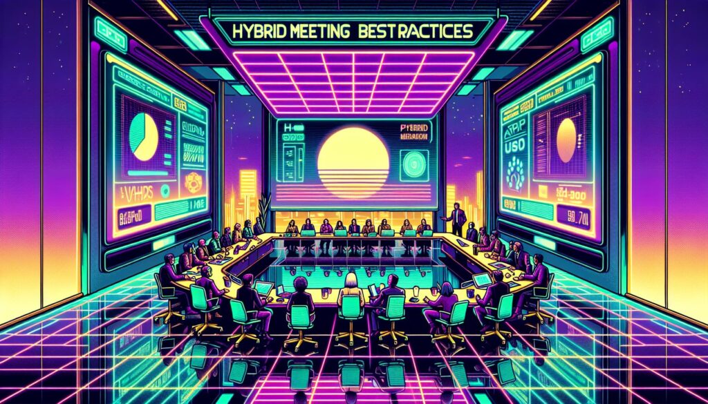 A vibrant illustration of a hybrid meeting with participants both in-person and remote, highlighted by retro-futuristic aesthetics.